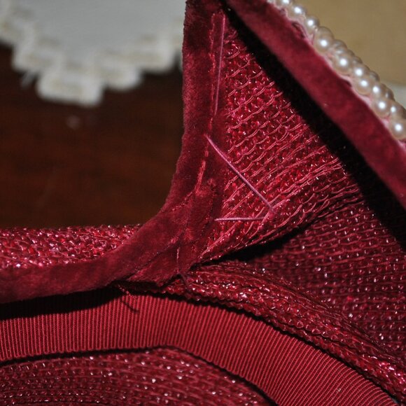 For Repair Vintage 1950\'s Christine Original Burgundy Straw Hat with Pearl Beads main image 13